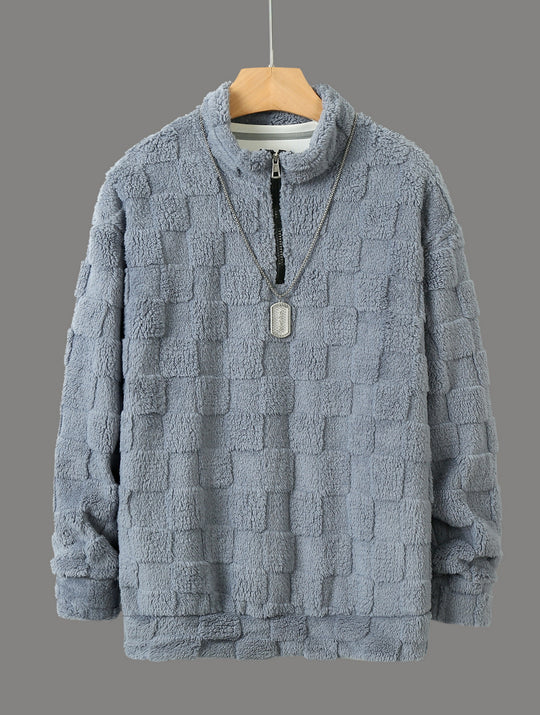 Herren karierter Sherpa-Halbzip-Pullover mit hohem Stehkragen und weicher Teddy-Fleece-Qualität Shop Nory