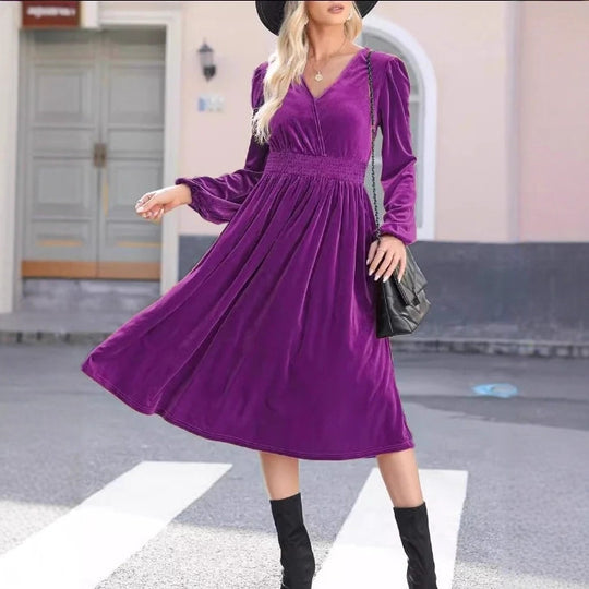 Damen Midikleid aus Samt mit V-Ausschnitt, geraffter Smock-Taille und langen Ballonärmeln Shop Nory