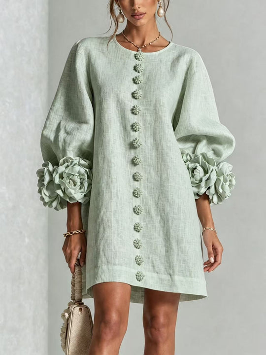 Damen Midikleid mit voluminösen Puffärmeln, 3D-Blütenknopfleiste und Leinenstruktur Shop Nory