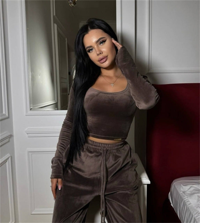 Damen modernes Cropped Lounge-Set mit langem Arm und elastischer Bundhose Shop Nory
