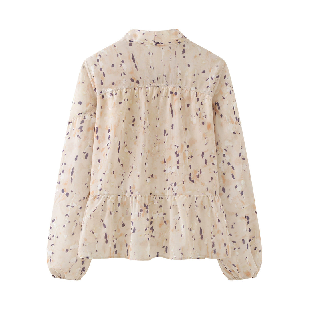 Damen Schluppenbluse mit Volantbesatz, Aquarellprint und Ballonärmeln Shop Nory