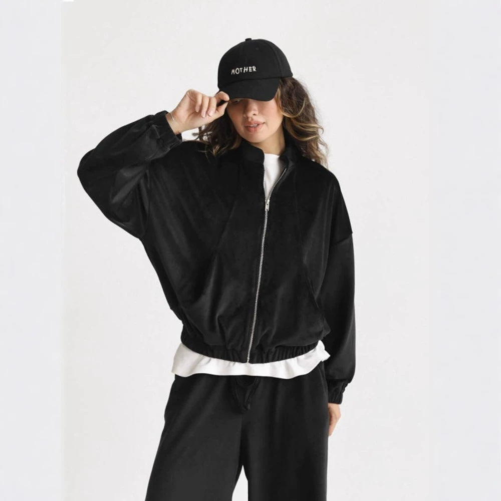 Damen ausgestelltes Velours-Jogginganzug-Set mit kurzer Reißverschlussjacke und hochtaillierter Kordelhose Shop Nory
