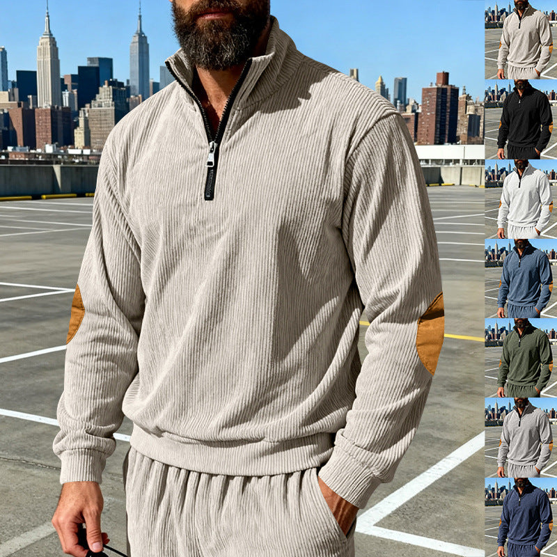 Herren Cord-Struktur-Halbzip-Pullover im Relaxed-Fit mit Stehkragen und Ellbogen-Patch Shop Nory