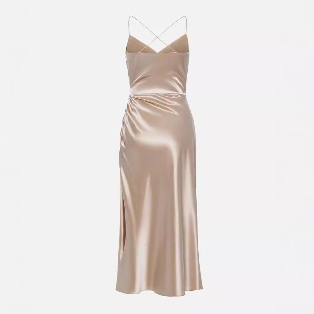 Damen Luxuriöses Satin-Cocktailkleid mit Drapierung und seitlichem Schlitz