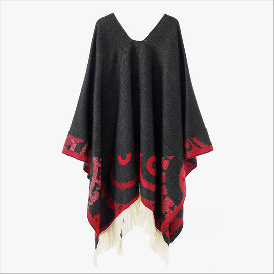 Damen Wollmix-Medallionponcho mit V-Ausschnitt und Fransensaum Shop Nory
