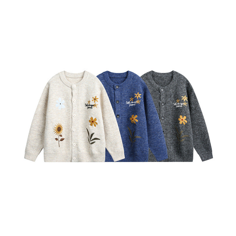 Damen Strick-Cardigan mit Blumenstickerei, Rundhalsausschnitt und Knopfleiste Shop Nory