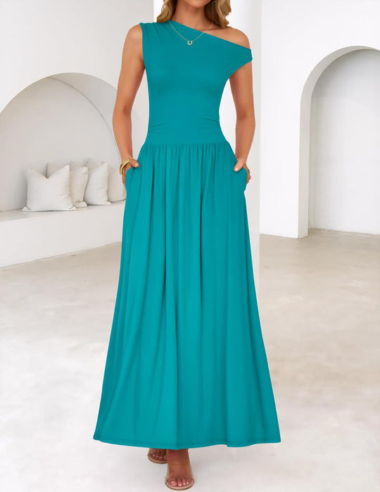 Damen Asymmetrisches Maxikleid mit One-Shoulder, Taillenbetonung und Seitentaschen Shop Nory