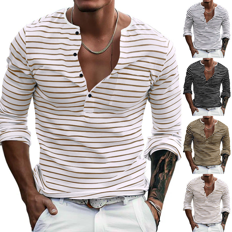 Herren Langarm-Henley-Shirt mit modischem Streifenmuster
