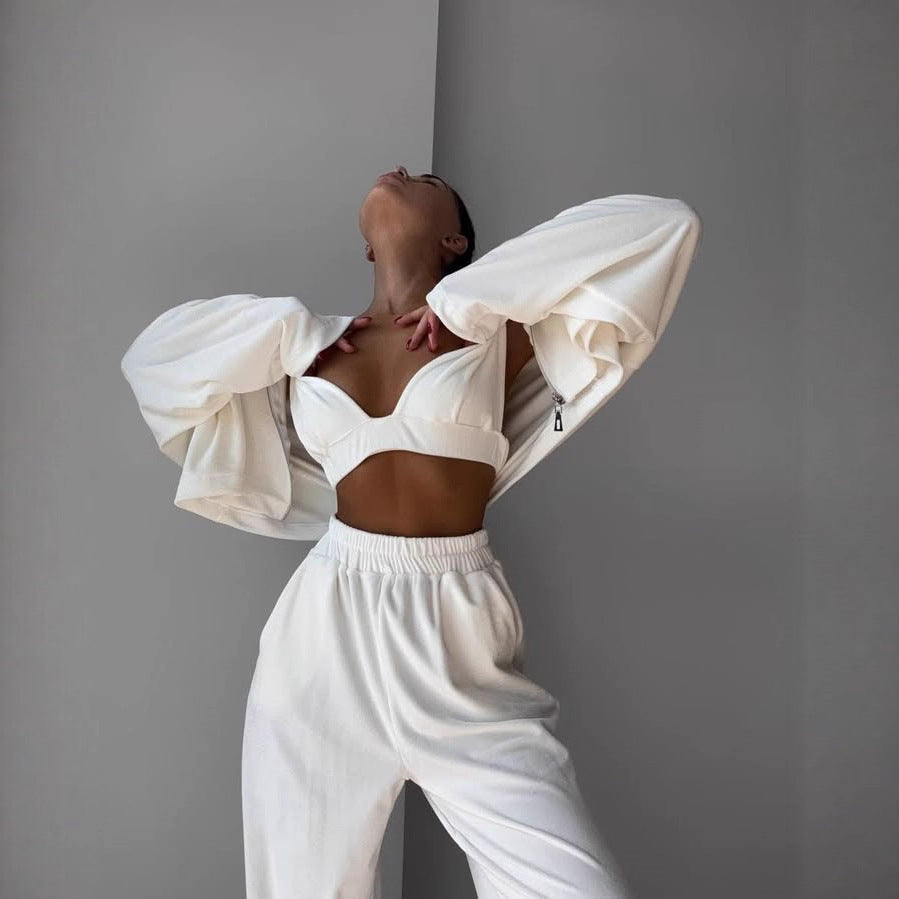 Damen kurzes Samt-Cropped-Zipshirt mit weitem High‑Waist Palazzo‑Hose Zweiteiler Shop Nory