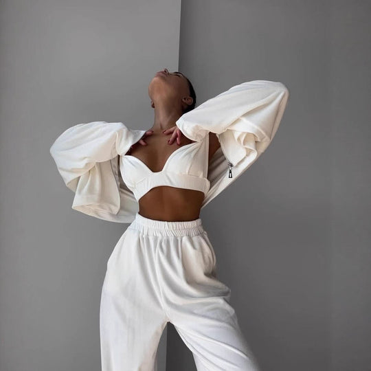 Damen kurzes Samt-Cropped-Zipshirt mit weitem High‑Waist Palazzo‑Hose Zweiteiler Shop Nory