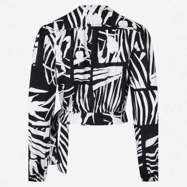 Damen kurze Wickelbluse mit V-Ausschnitt und tailliertem Bindegürtel Shop Nory