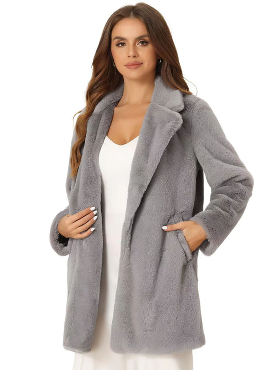 Damen Midilanger Kunstpelz‑Mantel mit softem Schalkragen und Eingrifftaschen Shop Nory