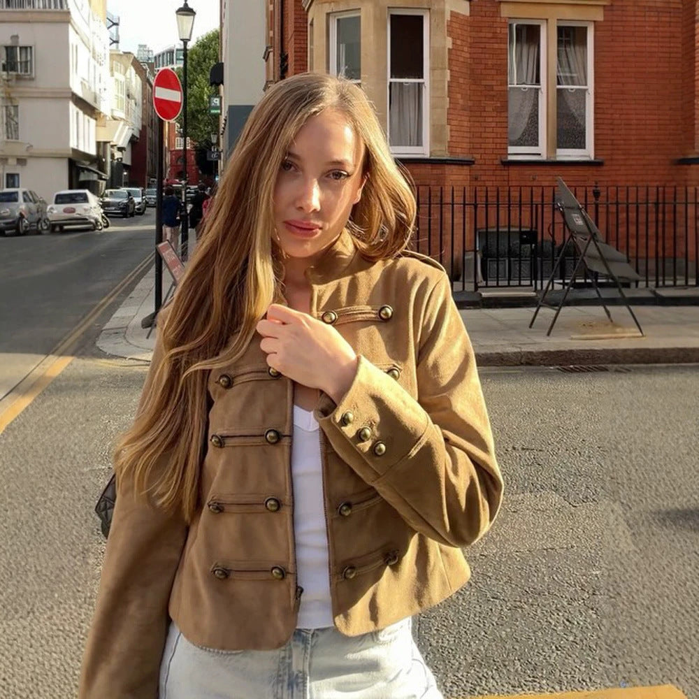 Damen Taillierte Militärjacke aus Wollmischung mit Stehkragen und doppelter Knopfreihe Shop Nory