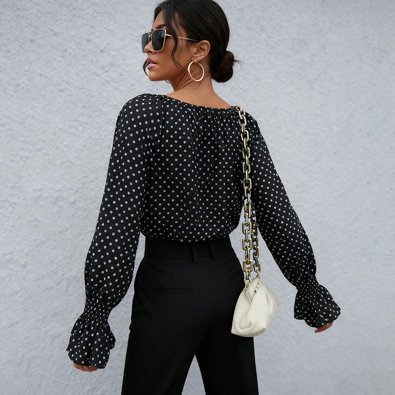 Damen Chiffonbluse mit Polka-Dots, BindShop Noryand-Ausschnitt und smockgesmokten Manschetten Shop Nory