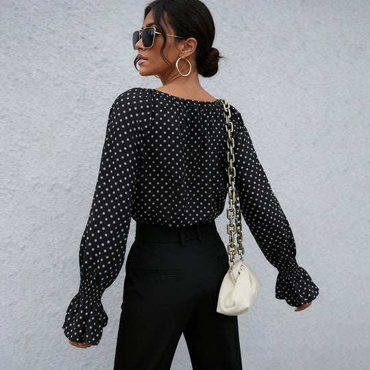 Damen Chiffonbluse mit Polka-Dots, BindShop Noryand-Ausschnitt und smockgesmokten Manschetten Shop Nory