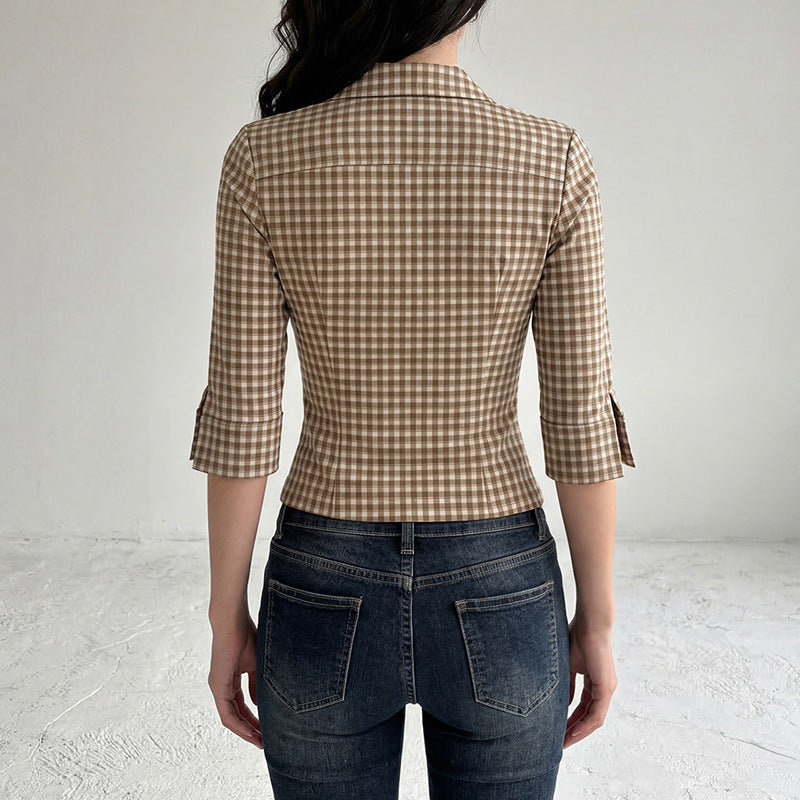 Damen nan taillierte Dreiviertelarm Karobluse mit Brustpattentaschen und Hemdkragen Shop Nory