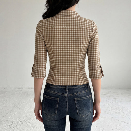 Damen nan taillierte Dreiviertelarm Karobluse mit Brustpattentaschen und Hemdkragen Shop Nory