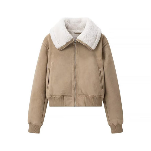 Damen Bomberjacke aus Veloursimitat mit Teddyfutter und großem Schalkragen Shop Nory