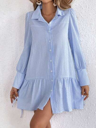 Damen Lockeres Hemdkleid mit Feinen Streifen, Volantsaum und Manschetten Shop Nory