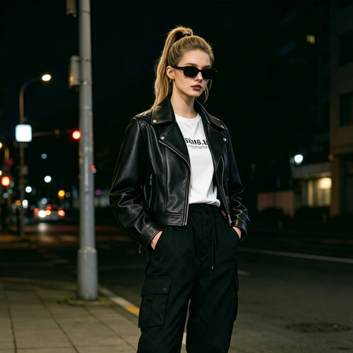 Damen Taillierte Leder-Bikerjacke mit asymmetrischem Reißverschluss Shop Nory