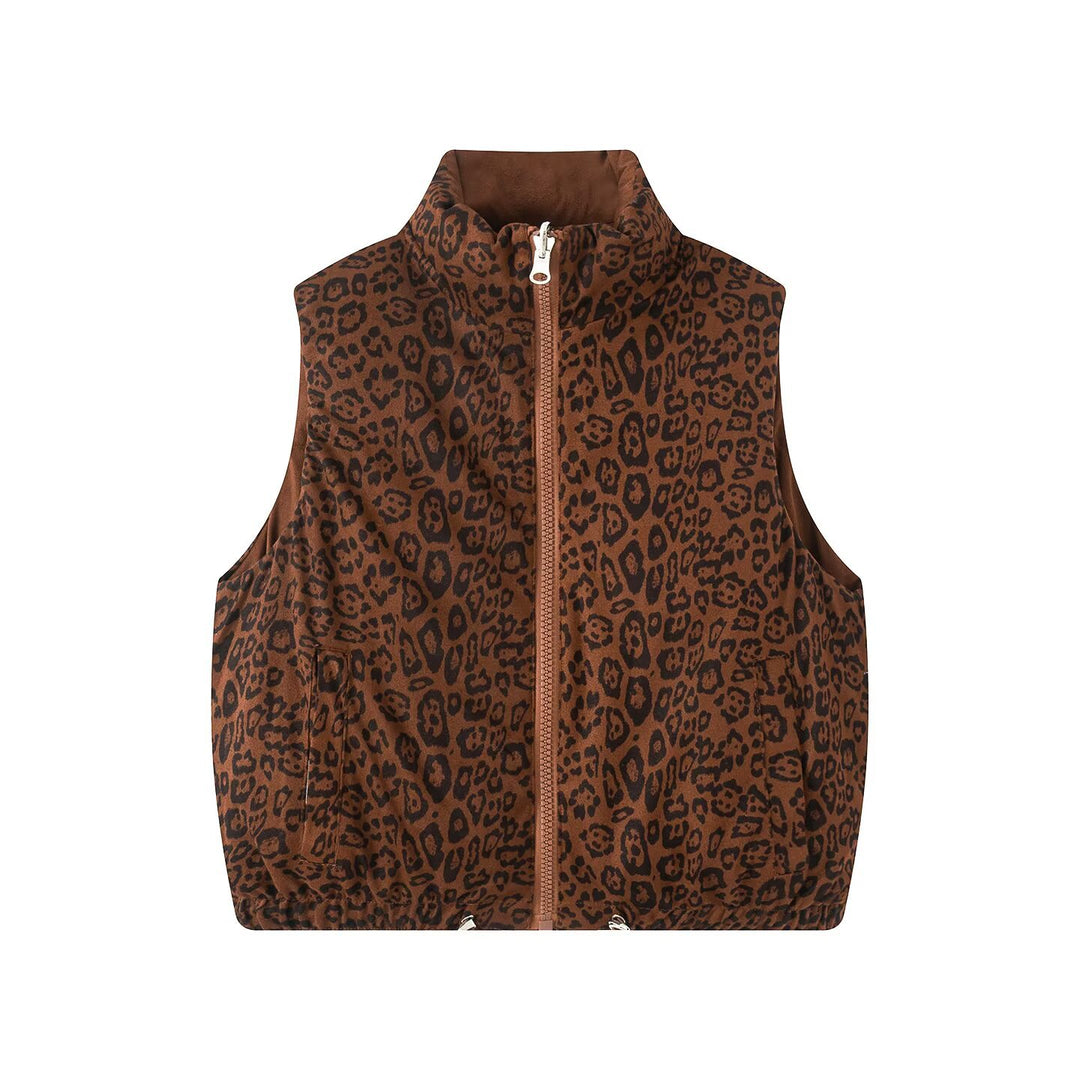 Damen Gepolsterte Steppweste mit hohem Stehkragen und Leoprint-Futter Shop Nory