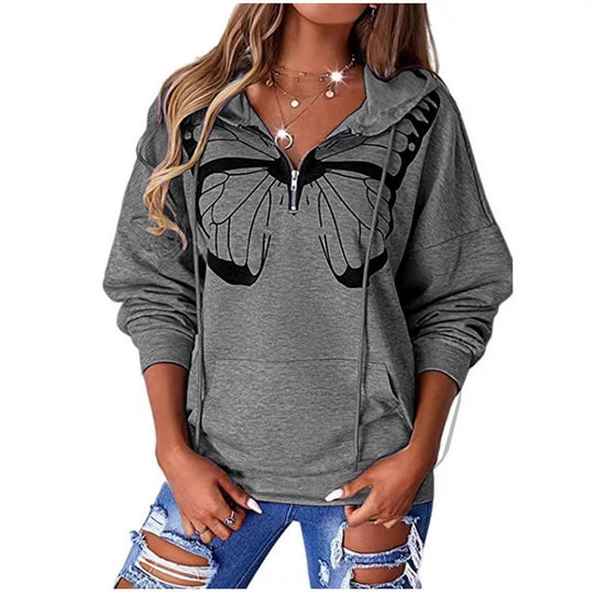 Damen Kapuzenpullover mit halbhohem Reißverschluss und Schmetterlingsprint Shop Nory
