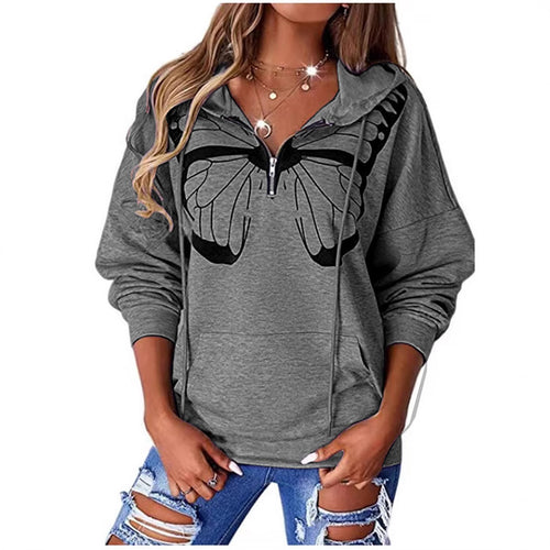 Damen Kapuzenpullover mit halbhohem Reißverschluss und Schmetterlingsprint Shop Nory