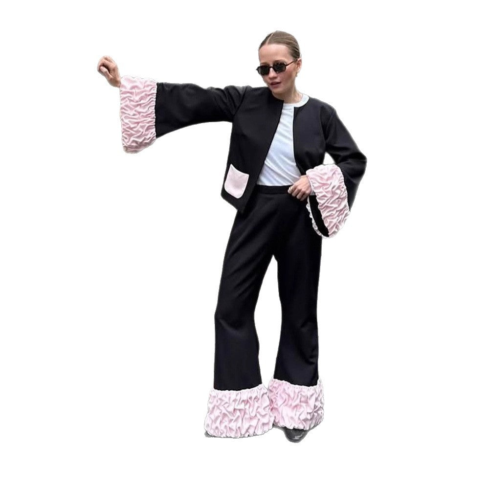 Damen Kurzblazer mit kontrastierenden Rüschensäumen, rundem Ausschnitt und verdeckter Knopfleiste Shop Nory