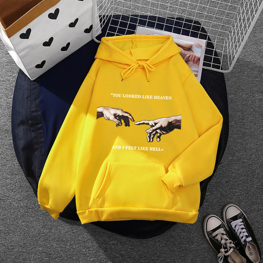 Damen nan Oversize Kapuzenpullover mit Kängurutasche und Renaissance‑Handmotiv, weiches Fleece Innenfutter Shop Nory