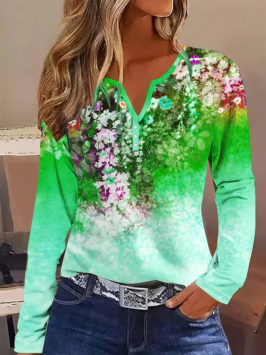 Damen Blütenmuster Langarmshirt mit Knopfleiste