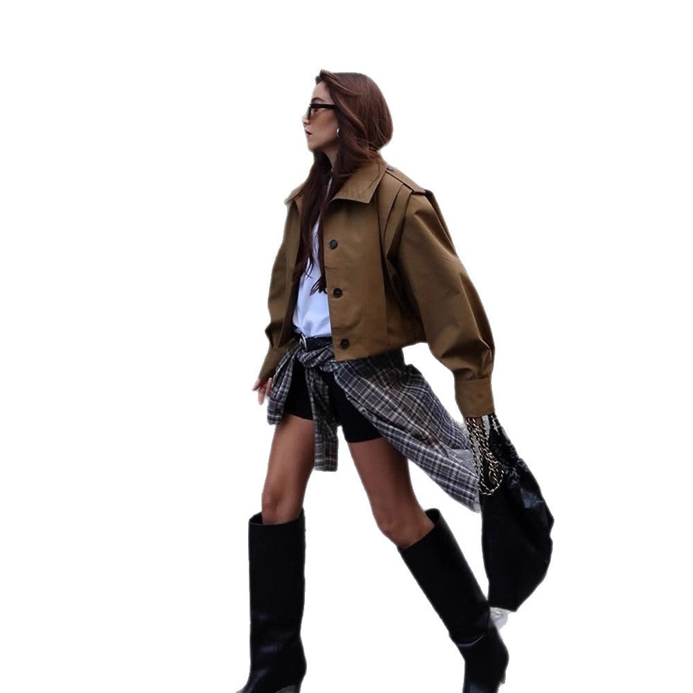Damen Cropped-Trenchjacke mit kastiger Silhouette, Epauletten und Falten-Details Shop Nory