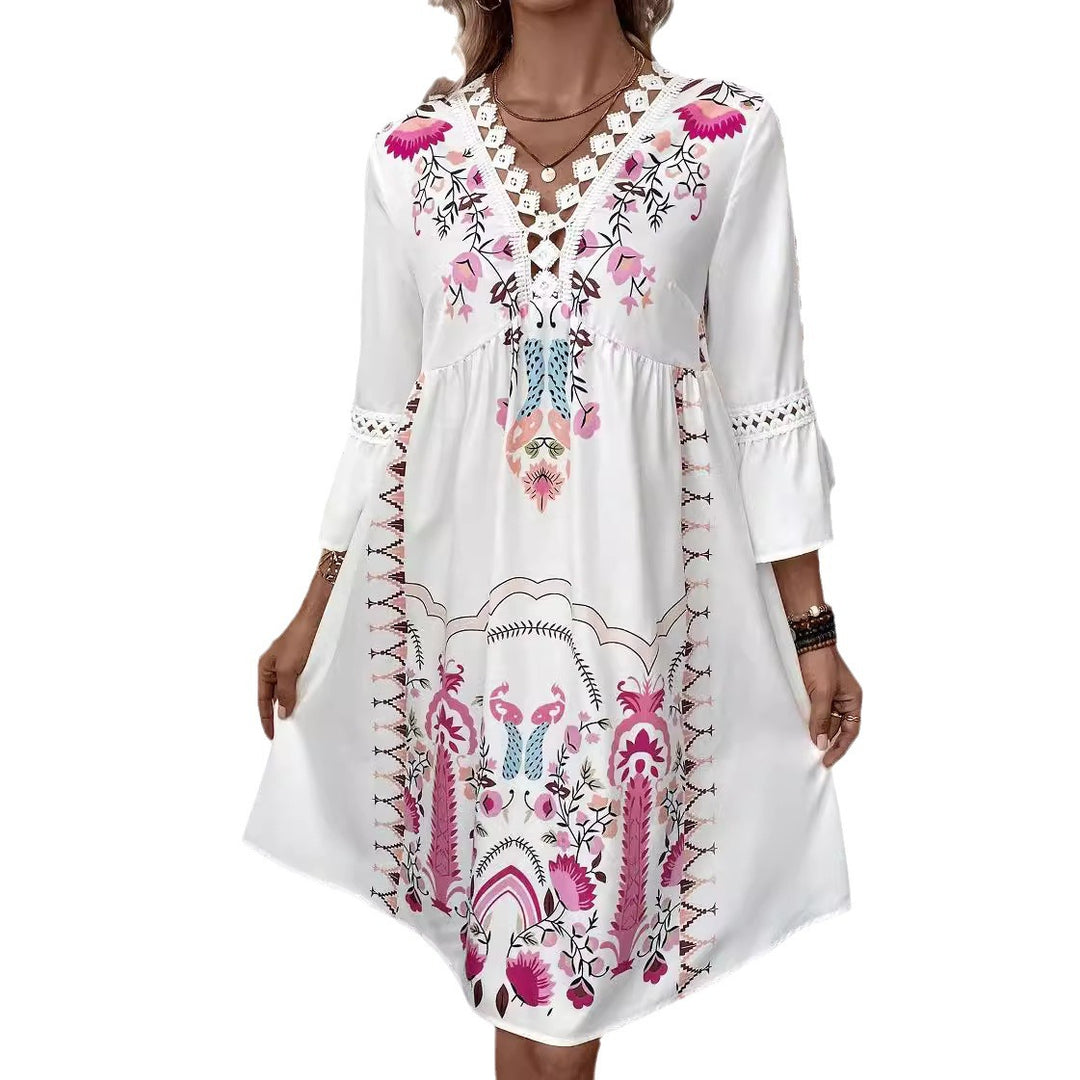 Damen Boho-Kleid mit Stickerei, Häkel-V-Ausschnitt und ausgestellter A-Linie Shop Nory