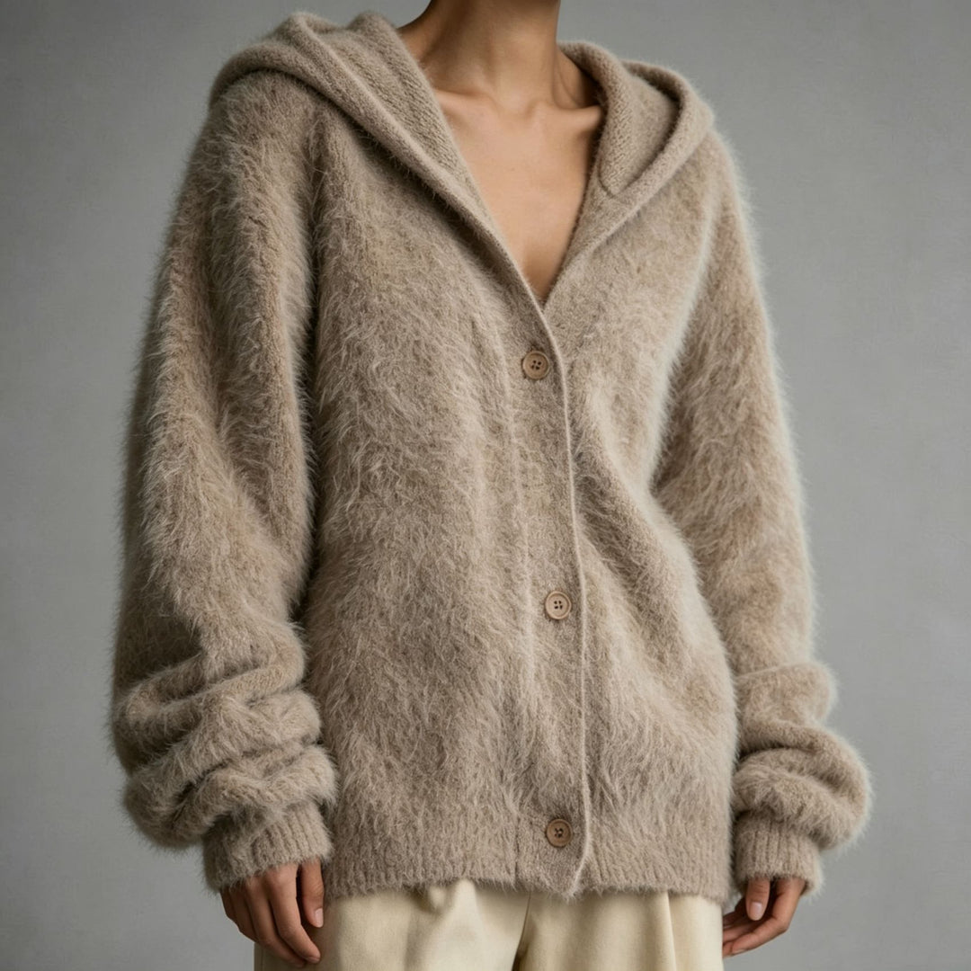 Damen Flauschiger Kapuzen-Cardigan im Mohair-Look mit Knopfleiste Shop Nory