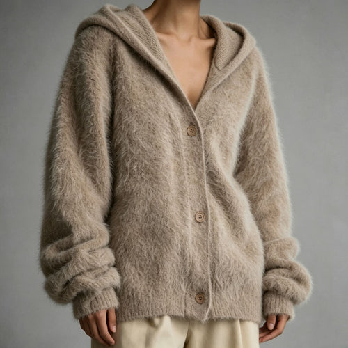 Damen Flauschiger Kapuzen-Cardigan im Mohair-Look mit Knopfleiste Shop Nory
