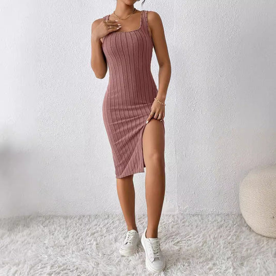 Damen Enganliegendes Ripp-Kleid mit Seitenschlitz und Spaghetti-Trägern Shopnory