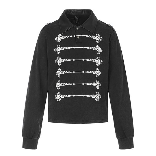 Damen Pullover im Military-Style mit Polokragen, dekorativen Frogging‑Applikationen und Epauletten Shop Nory