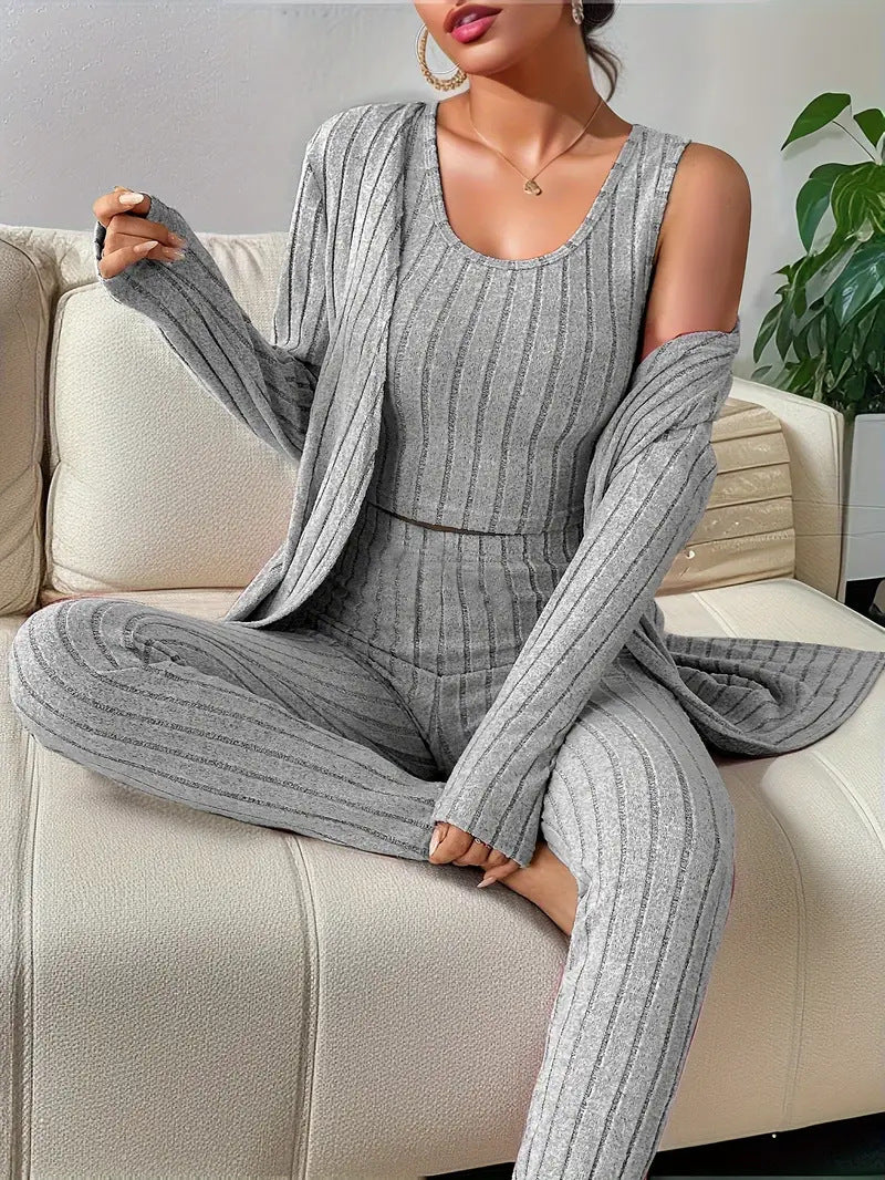 Damen Geripptes Lounge-Set mit Cropped-Top, High-Waist-Leggings und Longcardigan Shop Nory