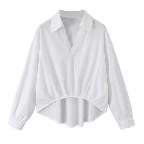 Damen Oversize-Bluse mit tiefem V-Ausschnitt, Hemdkragen und gerafftem Frontsaum Shop Nory