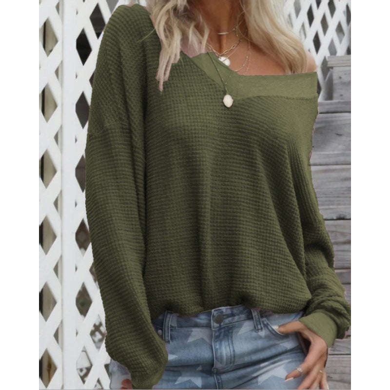 Damen Off‑Shoulder Waffelstrickpullover mit weitem Arm und elastischen Bündchen Shop Nory