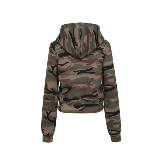 Damen Cropped Kapuzenjacke im Camouflage-Strukturstrick mit Perlen‑Schriftzug Shop Nory