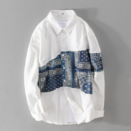 Herren Patchwork-Hemdjacke mit Bandana-Einsatz, rohen Kanten und weiter Passform Shop Nory