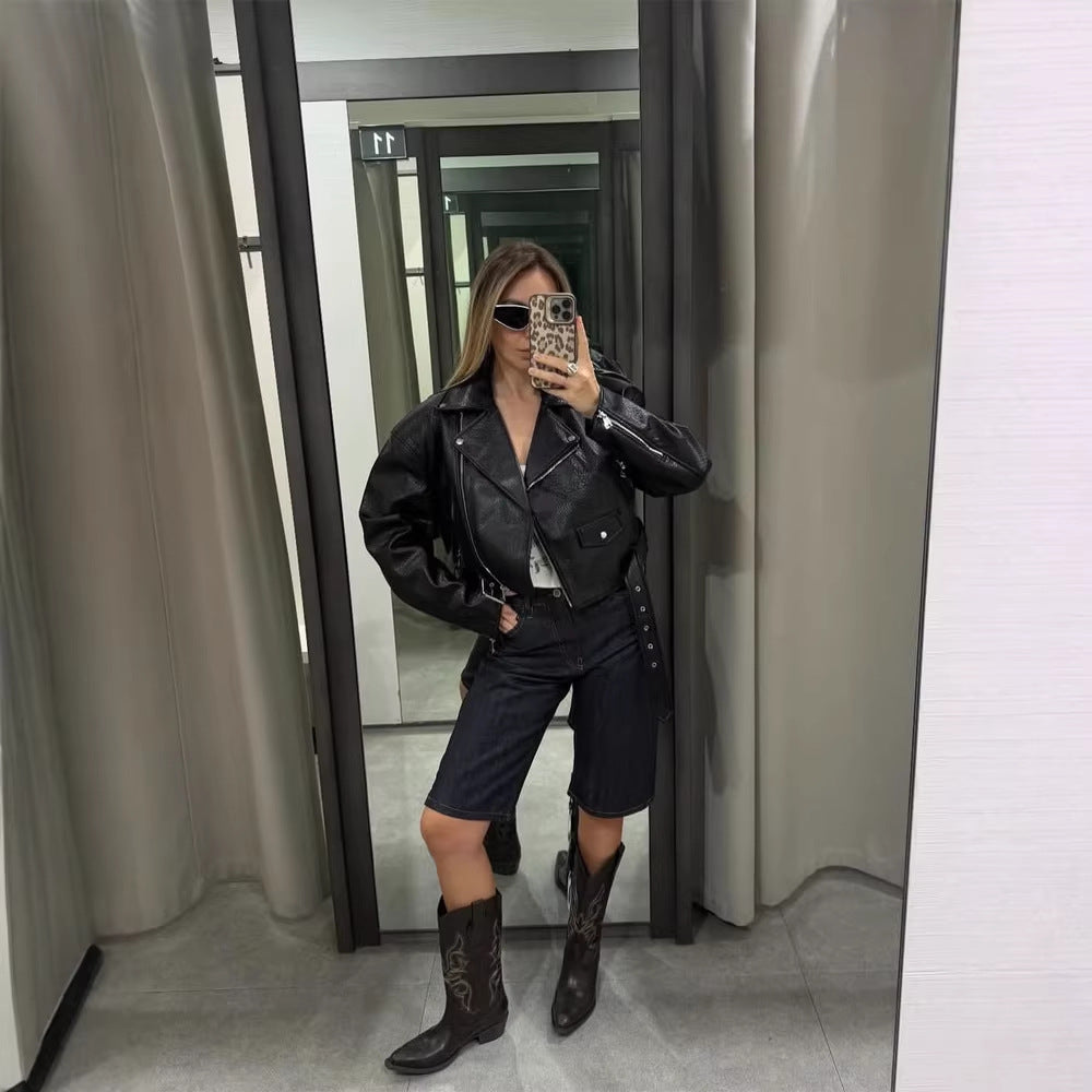 Damen Kurze strukturierte Bikerjacke aus Lederimitat Shop Nory