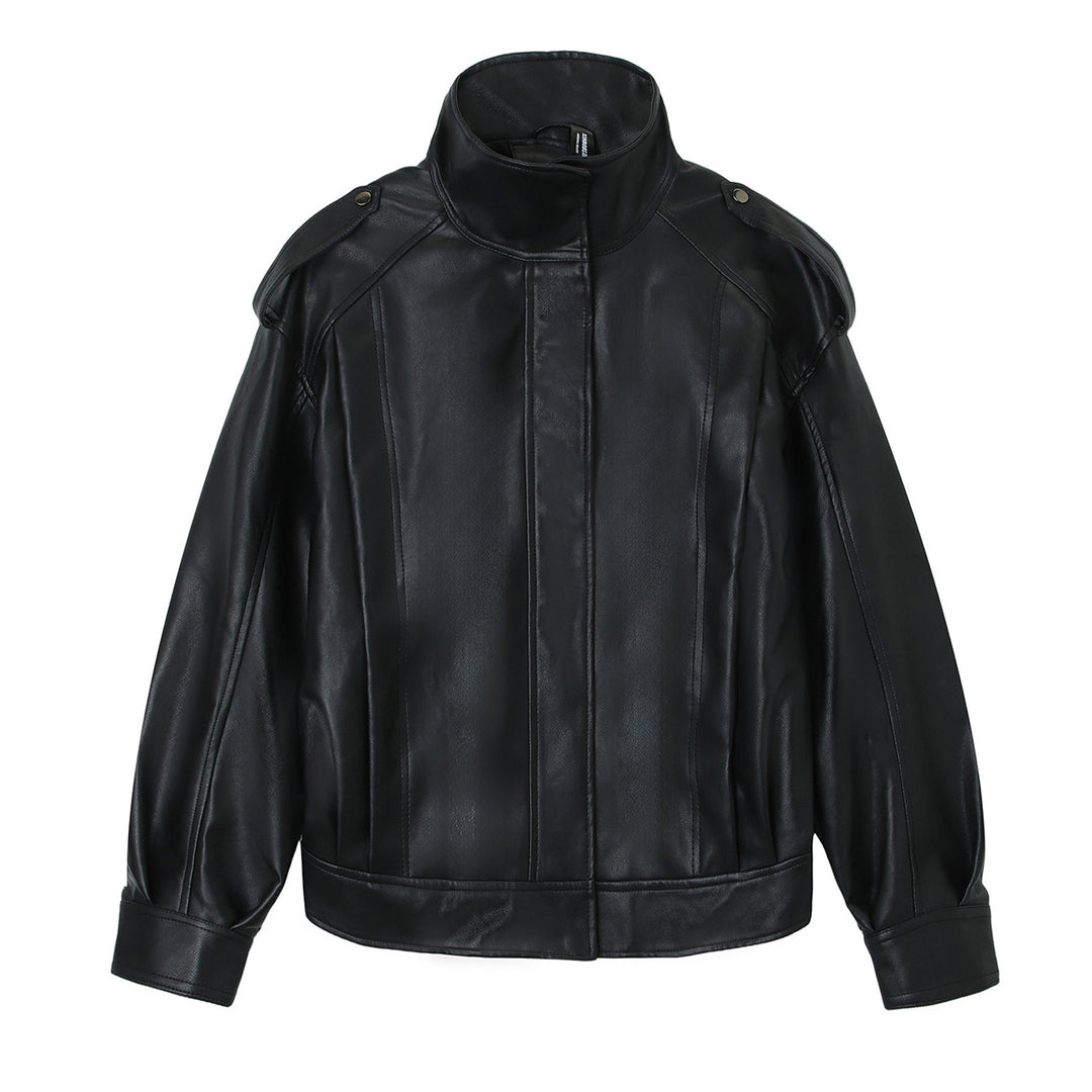 Damen Oversized-Lederjacke mit hohem Stehkragen und Schulterpatten Shop Nory