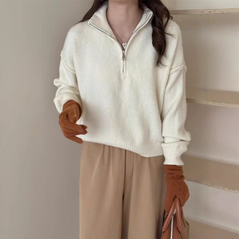 Damen lässiger Pullover mit kurzem Reißverschluss und entspannter Passform Shopnory