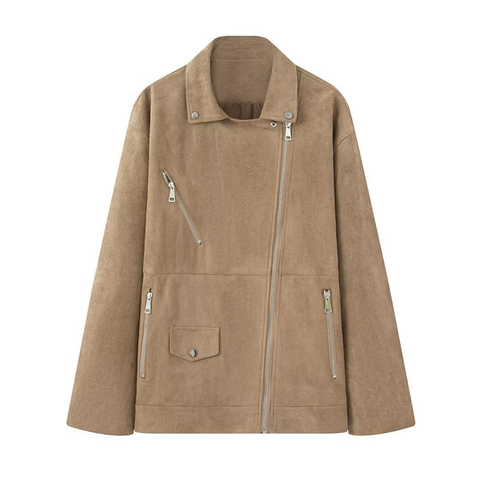 Damen Asymmetrische Veloursleder‑Optik Bikerjacke mit Stehkragen und Zippern Shop Nory
