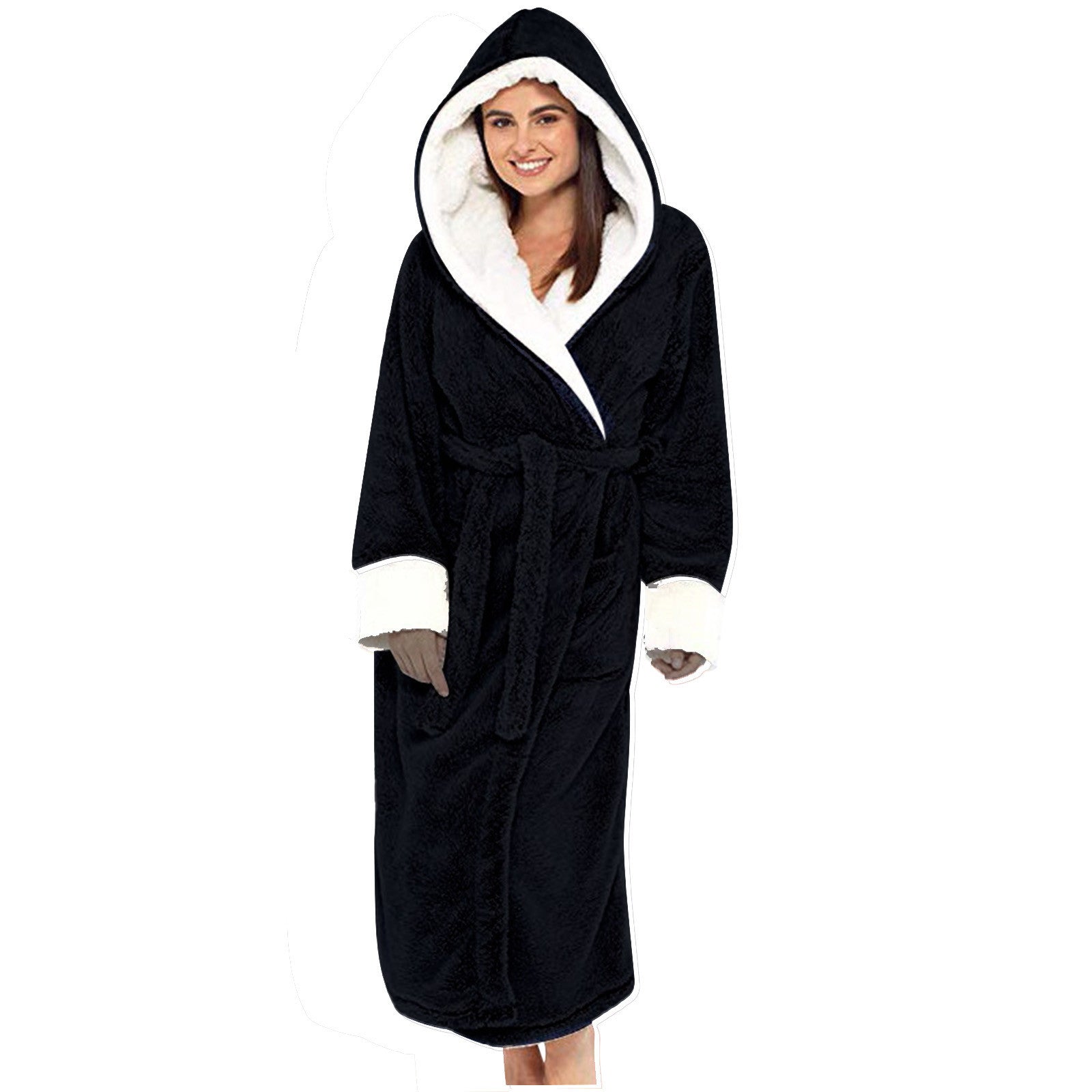 Damen Kuscheliger Fleece-Morgenmantel mit Kapuze und Gürtel ShopNory
