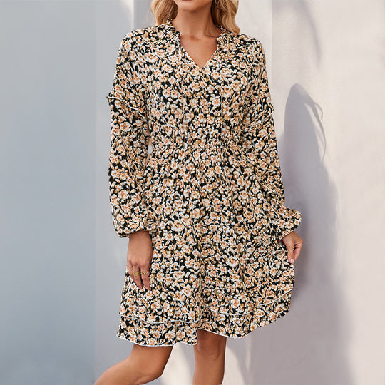 Damen Florales Midikleid mit V-Ausschnitt, Smok-Taillenbund und Volantstufen Shop Nory