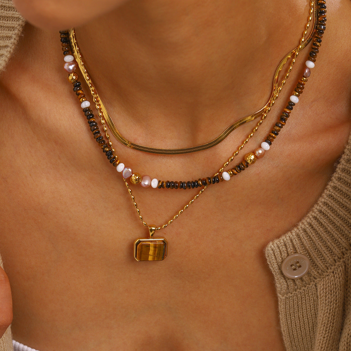 Damen Halskette mit eleganter Tigeraugen-Anhänger aus hypoallergenem Edelstahl Shop Nory