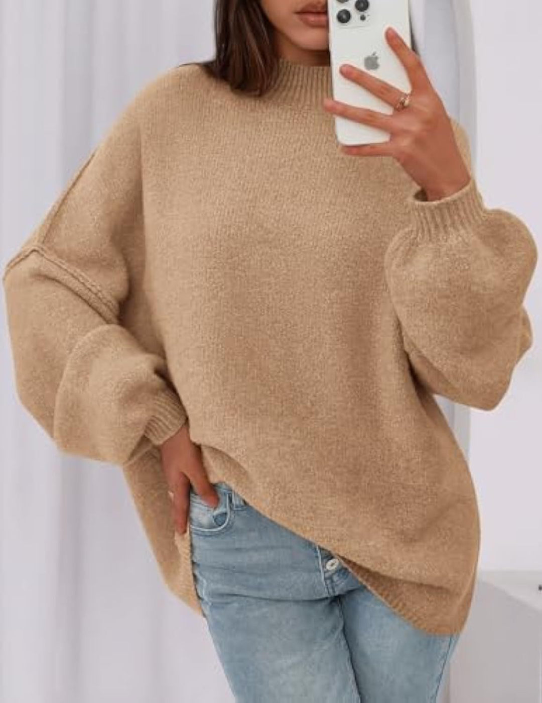 Damen Oversize-Strickpullover mit Stehkragen und Ballonärmeln Shop Nory