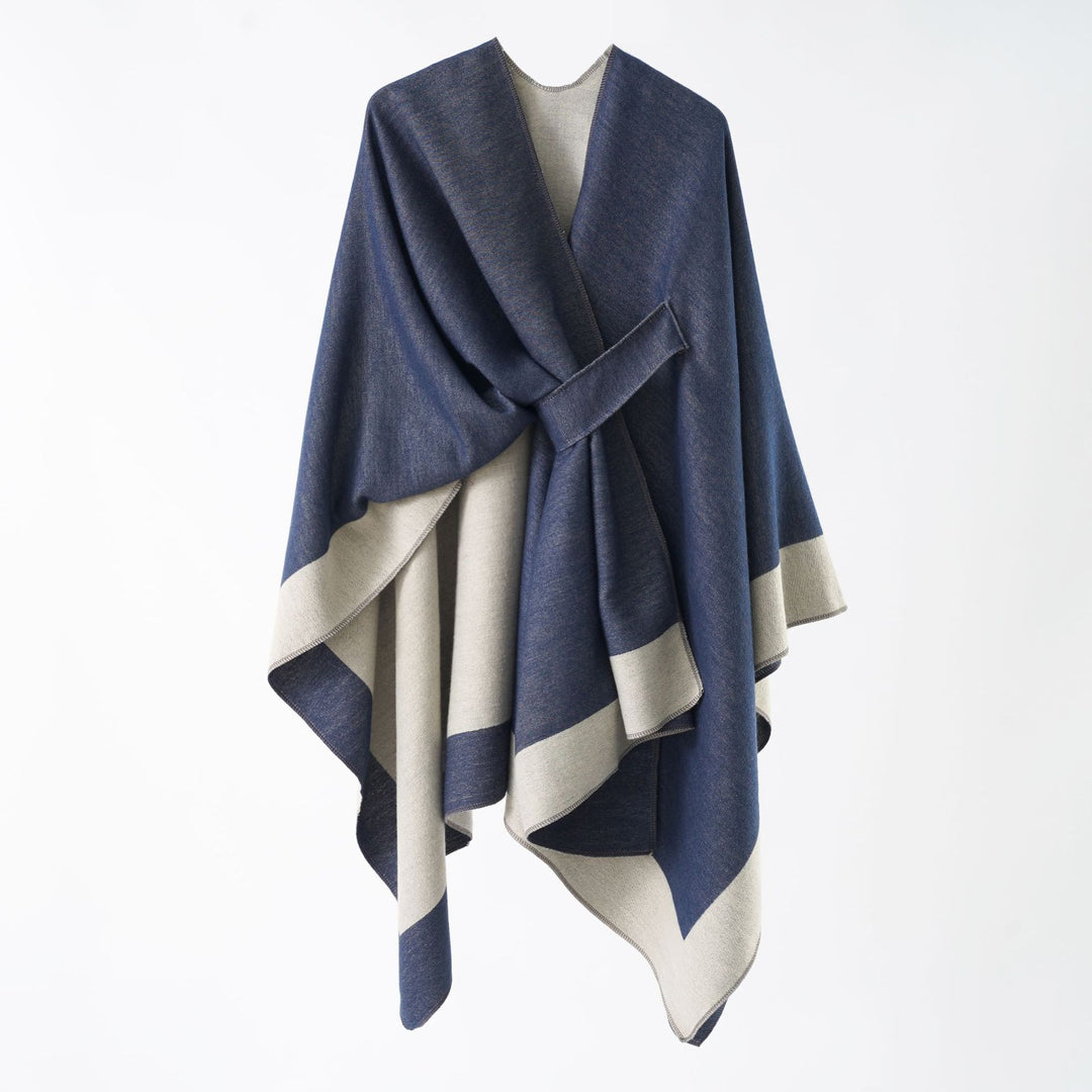 Damen weit geschnittenes Cape aus Wollmischung mit Bindegürtel und kontrastierten Säumen Shop Nory